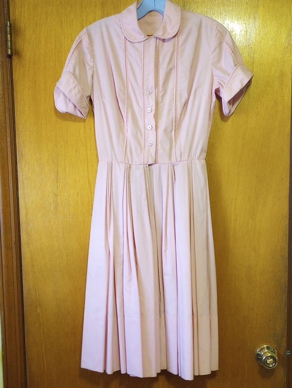 Vintage Serbin Baby Pink Cotton Pleated Midi Dress w/ Rounded Collar.  Medium?